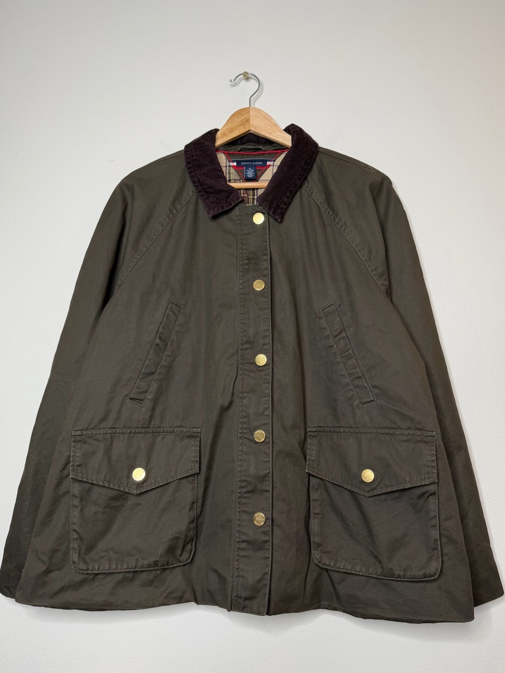 Tommy Hilfiger Waxed Utility Field Chore Coat Jacket Corduroy Collar tan green